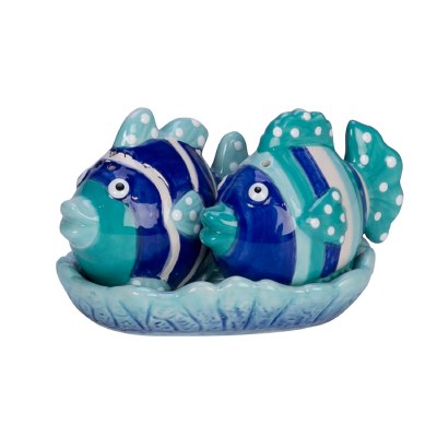 4" x 3" Blue and Green Ceramic Fish Salt and Pepper Shakers