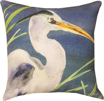 18" x 18" White Heron on Blue Pillow