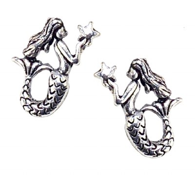 Distressed Silver Finish Starfish Mermaid Stud Earrings