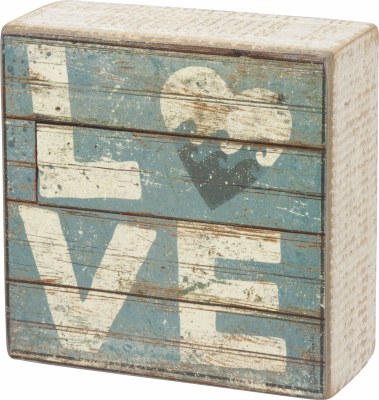 4" Square 'Love' Green Decorative Box Plaque with Distressed Wood Finish