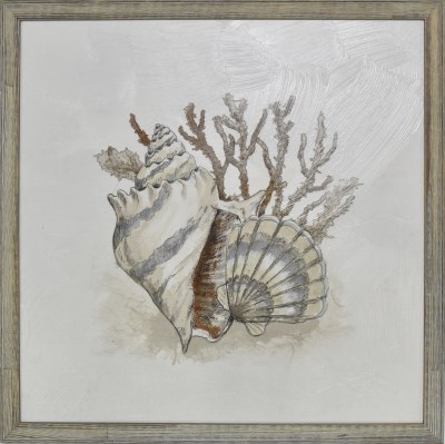 24" x 24" Gray and Taupe Scallop Sea Life Study Gel Textured Print with No Glass