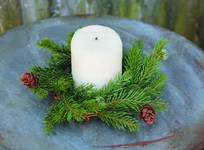 3.5" Opening Faux Green White Spruce With Pinecones Candle Ring