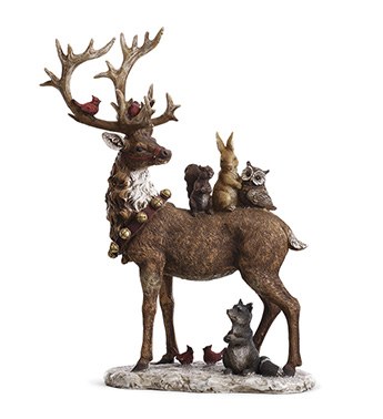 16" Multicolor Reindeer with Forest Friends Sculpture