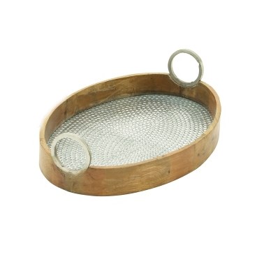 24" Hammered Silver and Wood Oval Tray with Handles