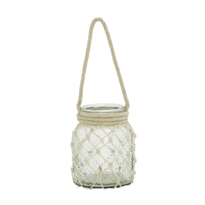 18" Dimpled Silver Metallic Glass Lantern with Net and Rope Handle