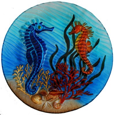 12" Round Multicolor Seahorses Fused Glass Plate