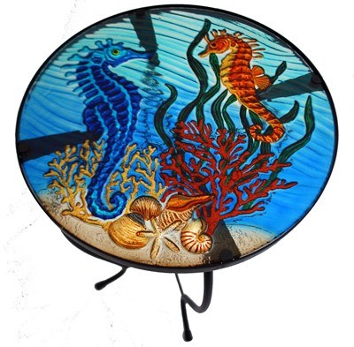 24" Multicolor Seahorses Fused Glass and Metal Table