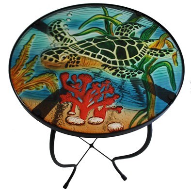 24" Multicolor Sea Turtle Fused Glass and Metal Table