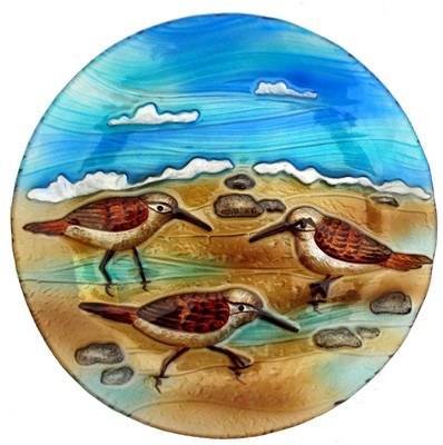 8" Round Multicolor Sandpiper Trio Fused Glass Plate