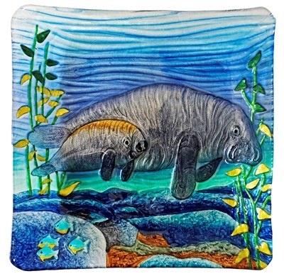 8" Square Manatee Mother and Calf Fused Glass Plate