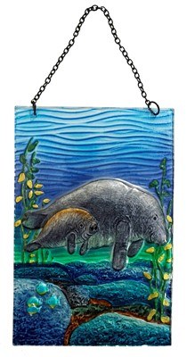 12" x 8" Manatee Mother and Calf Fused Glass Hanging Plaque