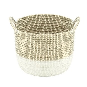 15" Round Natural and White Woven Seagrass Basket with Handles