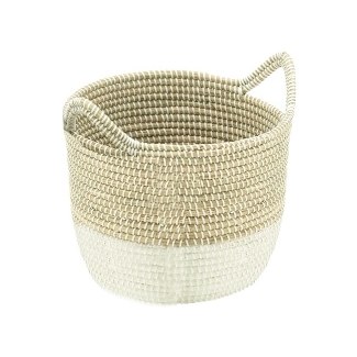 13" Round Natural and White Woven Seagrass Basket with Handles