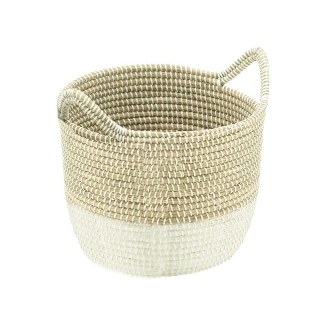 13" Round Natural and White Woven Seagrass Basket with Handles