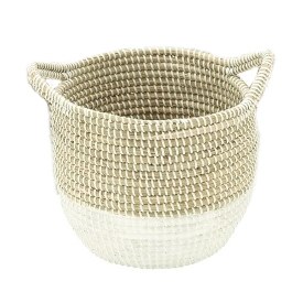 11" Round Natural and White Woven Seagrass Basket with Handles