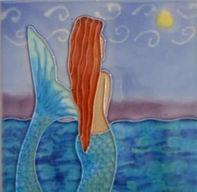 6" Square Blue Mermaid Sunning Ceramic Tile