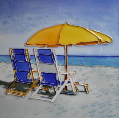 6" Square Blue Beach Chairs with Yellow Umbrella Ceramic Tile