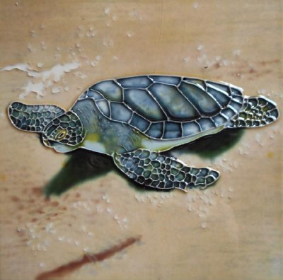 6" Square Blue Sea Turtle on Beige Beach Ceramic Tile