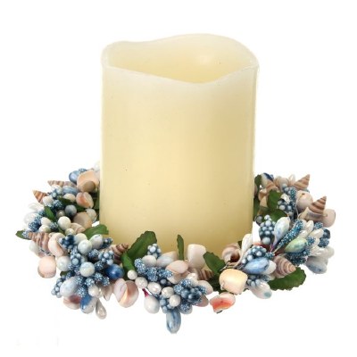 4" Opening Faux Blue Berries and Real Shells Candle Ring