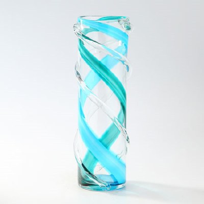 15" Round Blue and Green Glass Swirl Ribbed Cylinder Vase