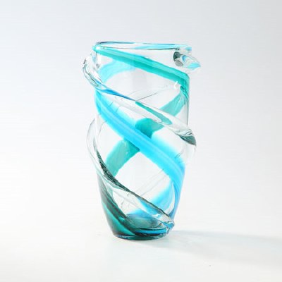 10" Blue and Green Glass Swirl Ribbed Vase