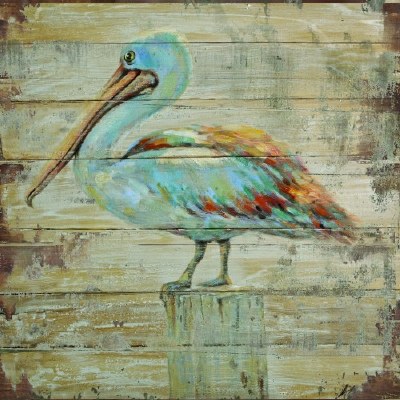 28" Square Rustic Multicolor Pelican on Piling Slat Wood Print