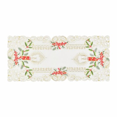 15" x 34" Red Candle and Holly White Openwork Runner