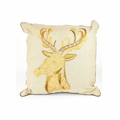 18" Gold Beaded Christmas Reindeer Decorative Pillow