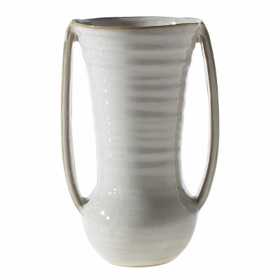 9" White Two Handled Tall Ceramic Vase