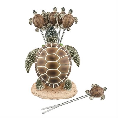 4" Green and Brown Sea Turtle Cocktail Fork Set with Holder