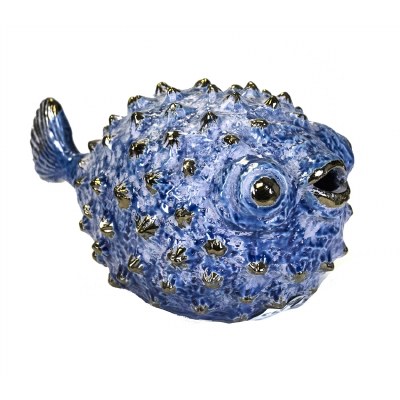 10" Blue and Silver Ceramic Pufferfish Sculpture