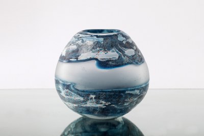 9" Round Blue & White Glass Vase