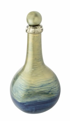 19" Blue and Gold Painted Glass Bottle with Round Top