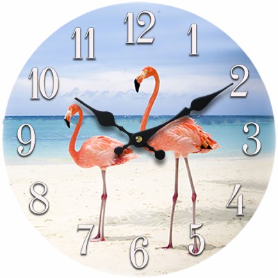 13" Round Glass Pink Flamingo Pair Photo Clock