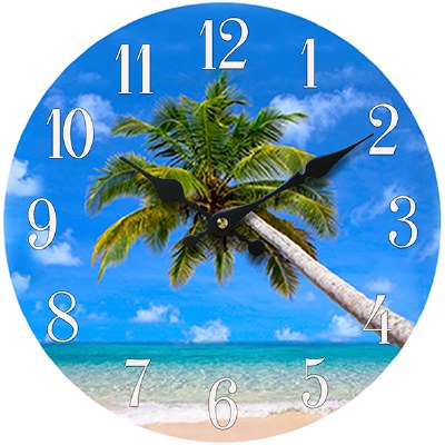 13" Round Glass Tropical Beach Palm Photo Clock