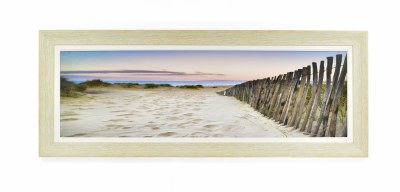 15" x 60" Sand Dune Sunrise with Fence on Right Wooden Framed Gel Textured Coastal Print