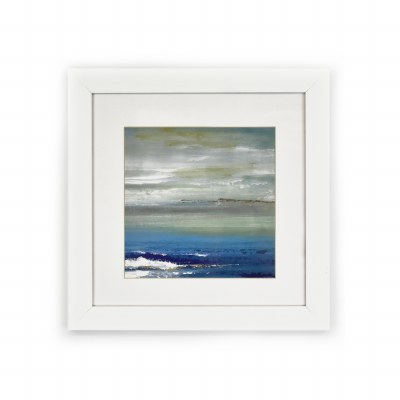 19" Square Distant Horizon 2 Coastal Water Color in White Frame Under Glass