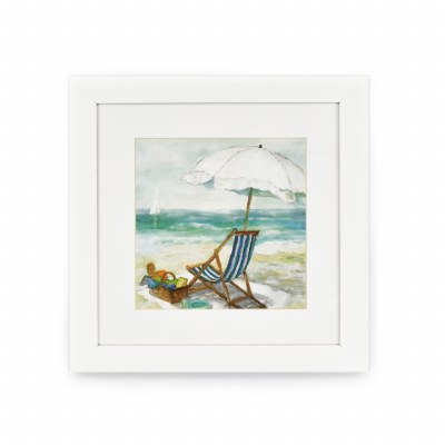 19" Square Tropical View on Beach 1 Coastal Water Color in White Frame Under Glass
