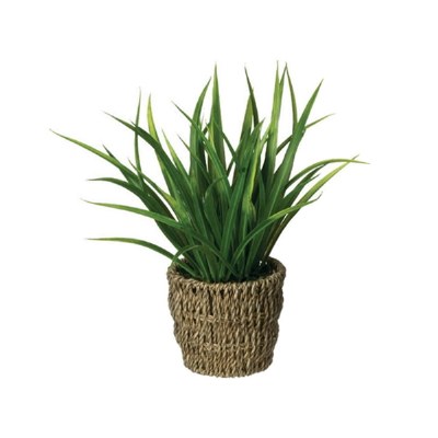 10" Faux Green Artificial Straight Grass in Woven Seagrass Pot