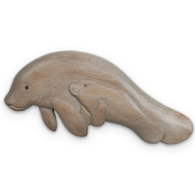 14" Natural Wooden Manatee Mother with Child Wall Plaque