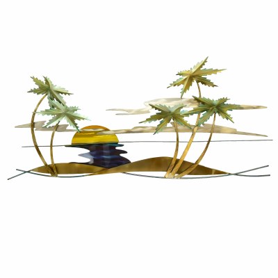 36" Painted Metal Swaying Tropical Palm Scene Decorative Tropical Wall At Plaque