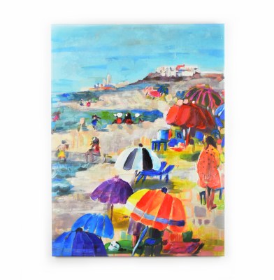 48" x 36" Multicolor Umbrella Beach People Painting Print on Canvas