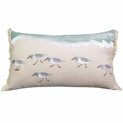 14" x 24" Beige and Shades of Blue Green Sandpipers Beach Sprint Pillow