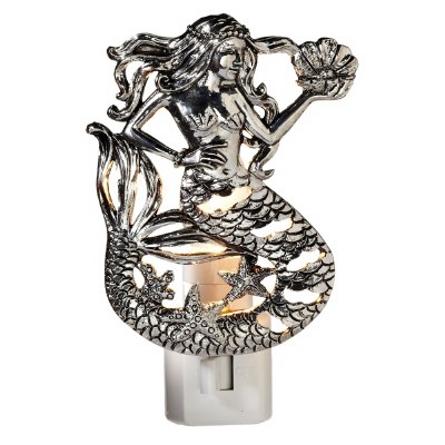 4" Distressed Silver Finish Textured Metal Mermaid Night Light