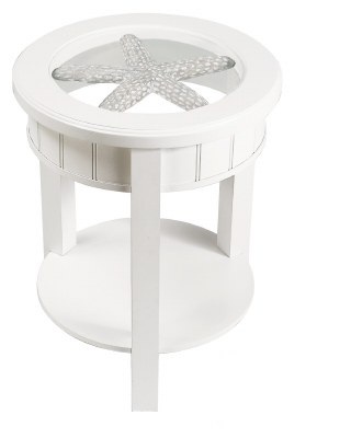 19" Round White Starfish Carved Accent Table