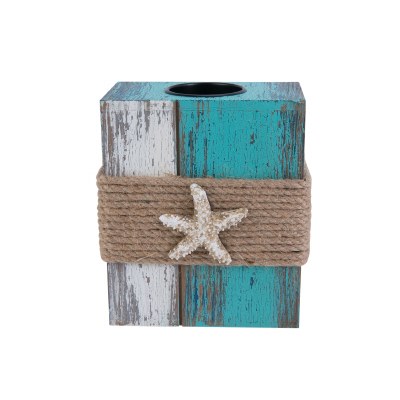5" Rustic Turquoise and White Tealight Holder with Rope and Starfish