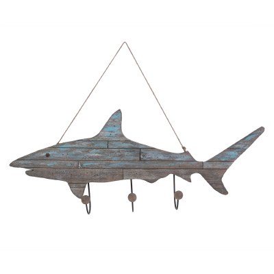 34" Gray and Teal Weathered Slat Wood Shark Plaque with Hooks
