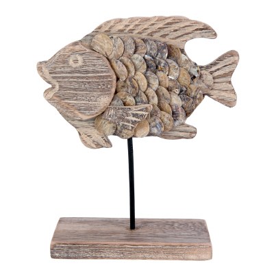 11" Carved Wood and Capiz Shell Scales Fish on Metal Stand
