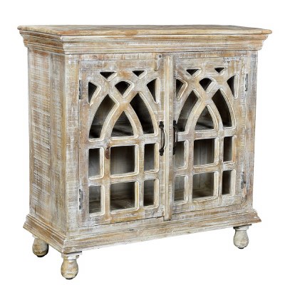 35" Whitewashed Rustic Mangowood Arch Door Cabinet