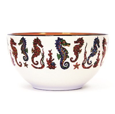 6" Round Ceramic Mutlicolor Mosaic Seahorse Bowl